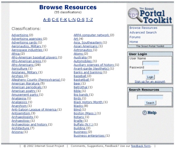 Screen shot of Browse Resources page