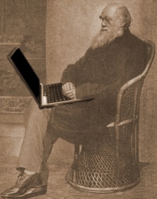Graphic image of Charles Darwin as if he were online.